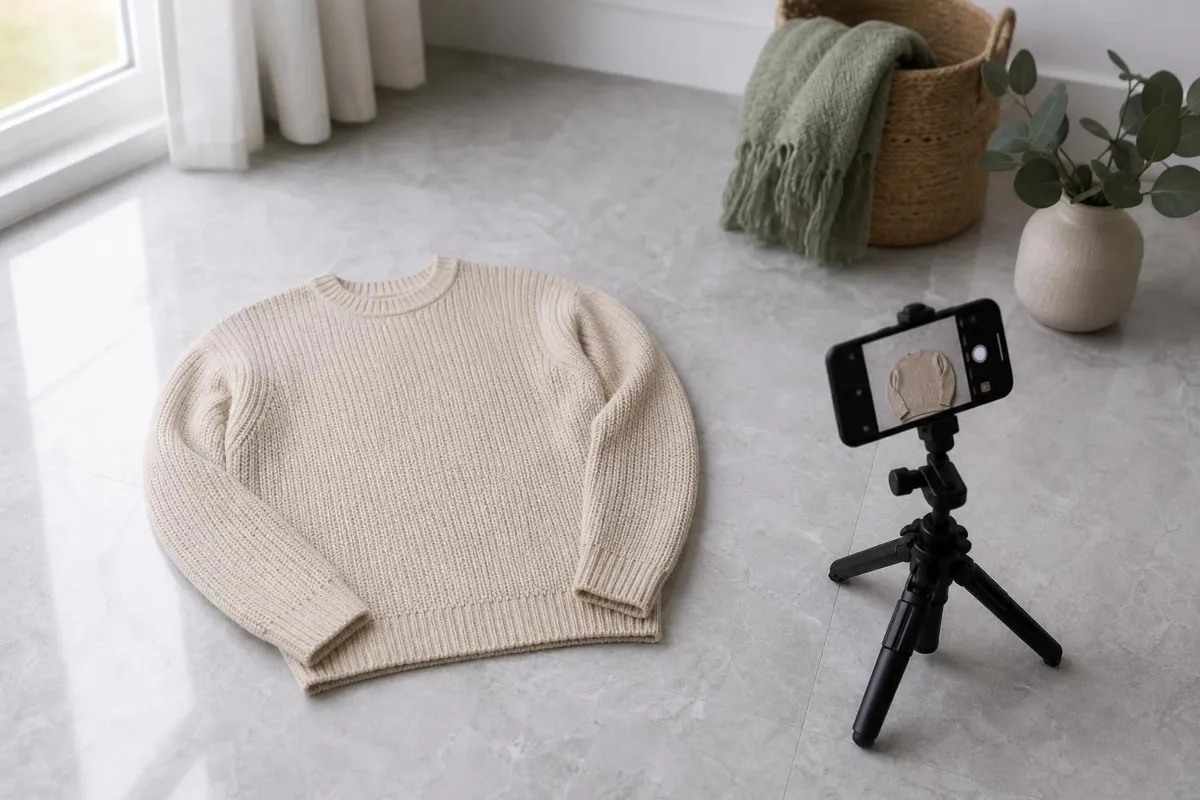 Heller Strickpullover auf grauem Marmorboden, daneben ein Smartphone auf einem kleinen Stativ