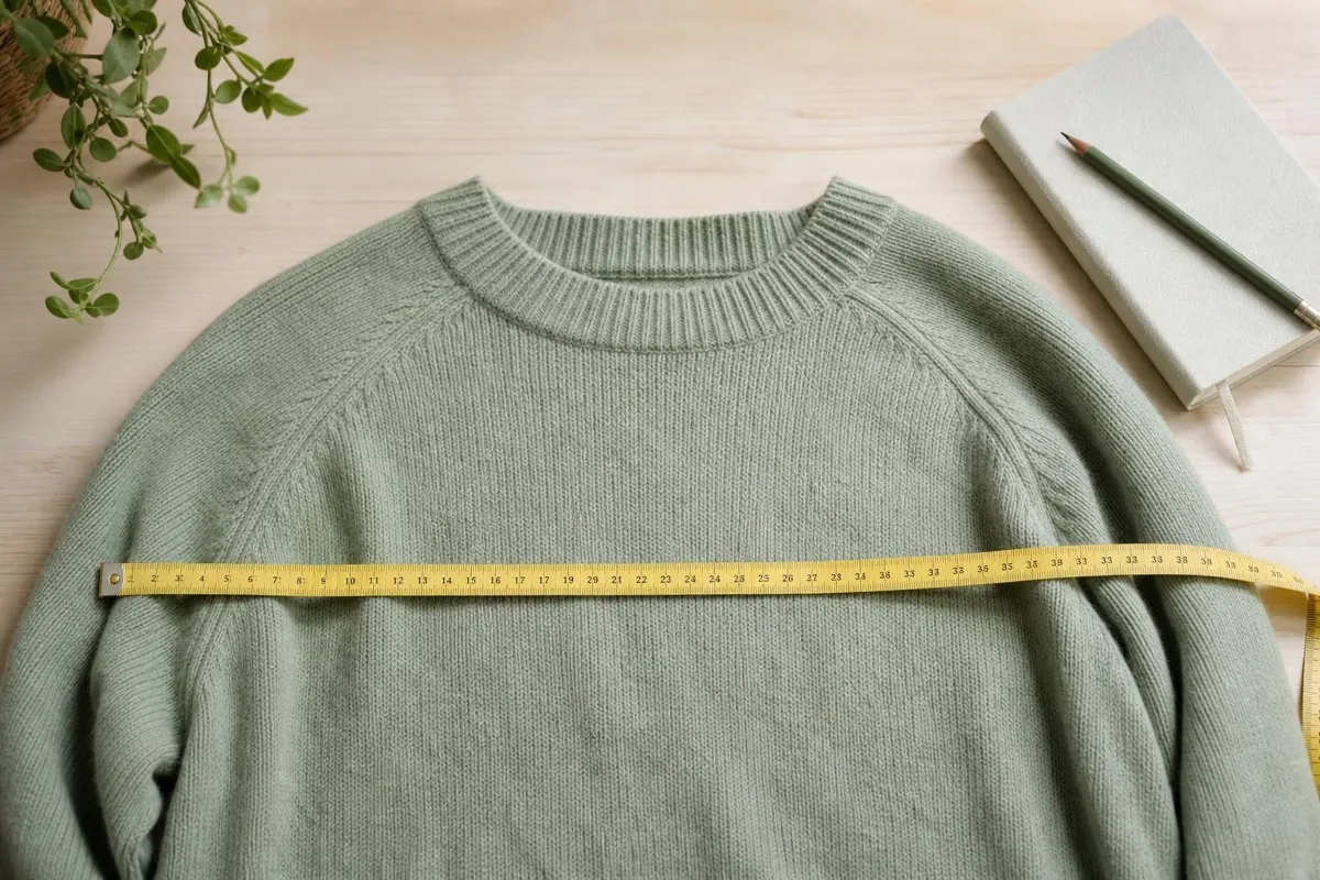 Maßband quer über einem flach ausgelegten grünen Strickpullover