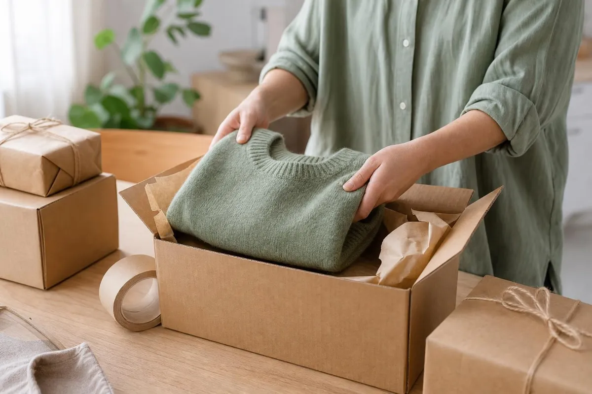 Hände packen einen gefalteten Pullover in einen Versandkarton