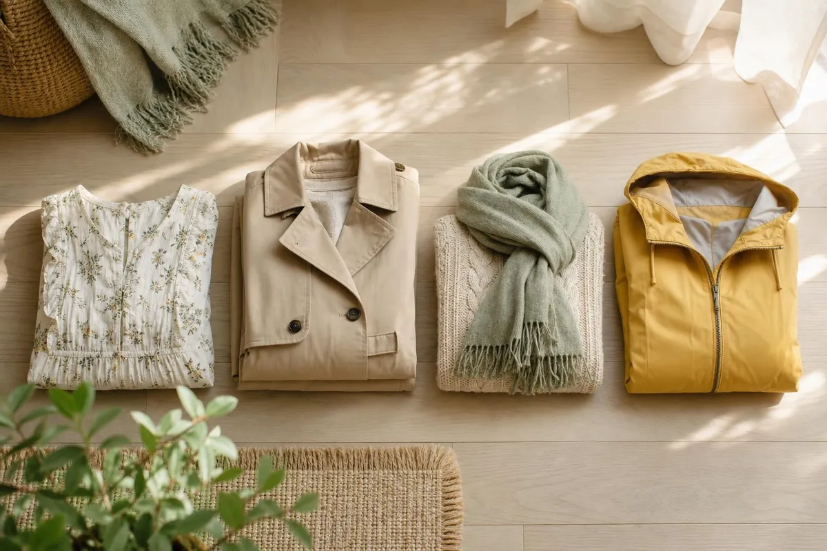 Vier gefaltete Outfits für Frühling, Sommer, Herbst und Winter nebeneinander