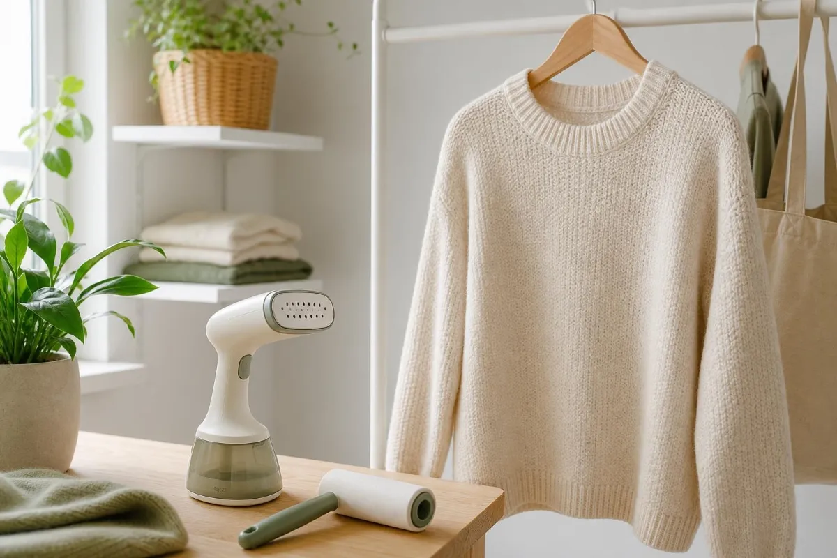 Dampfglätter und Fusselrolle neben einem hängenden Strickpullover